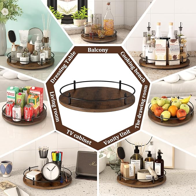 LIAISIMI 12" Lazy Susan Turntable Organizer,Round Wooden Lazy Susan Organization and Rotating Spice Rack for Dining Table,Pantry,Kitchen Countertop,Vanity,Cupboard and More.Vintage Wood(Round)