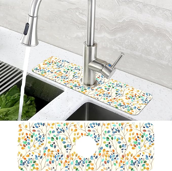 Abstract Watercolor Leaves Sink Faucet Absorbing Mat Sink Splash Guard Faucet Mat Draining Mat Fast Drying Sink Protectors for Kitchen and Bathroom 5.5"×15"