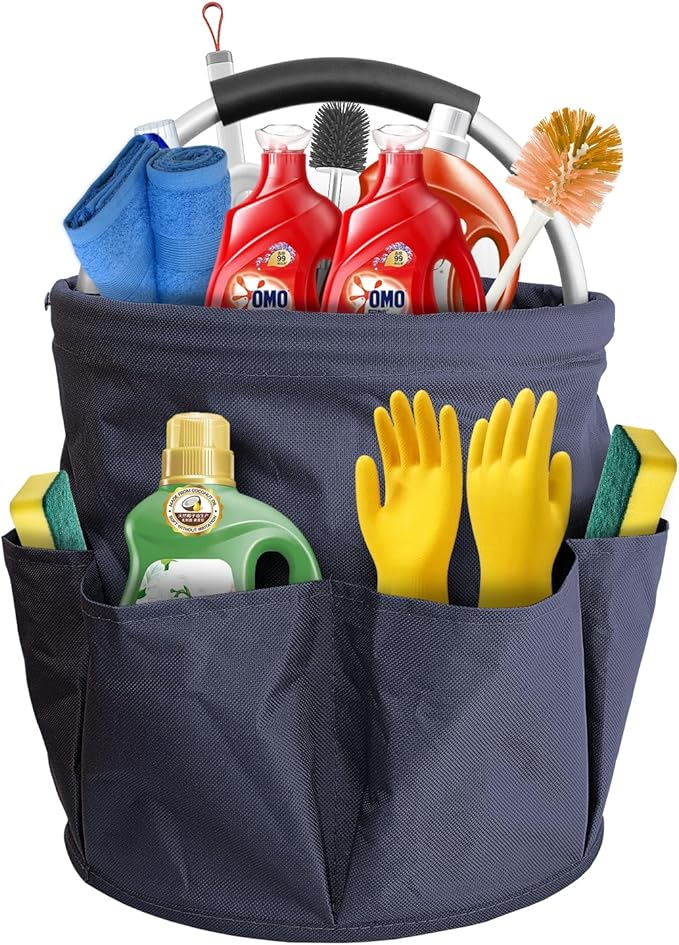 Foldable cleaning caddy basket & Portable cleaning caddy Bucket Cleaning Organizer with Handle and 6 Pockets cubetas para limpieza for Home Garden Camping Storage (Blue)