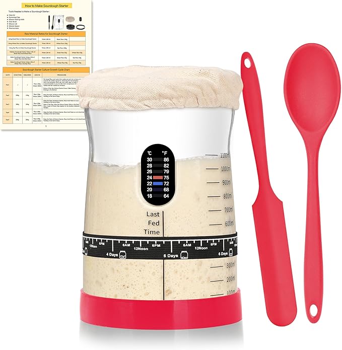 Coco Bird Pro Sourdough Starter Kit- 50oz Large Capacity Sourdough Starter Jar, 17 Flavorful Fermentation Recipes, Sourdough Bread Baking Supplies for Making Delicious Sourdough Breads(Red, 1Set)