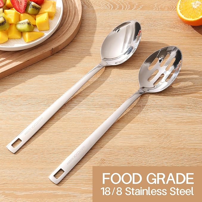 MAXCOOK 18/8 Stainless Steel Cooking Spoons Set - 2-Piece Solid Slotted Serving Spoon Cooking Utensils set for Pasta, Veggies, Salads (Dishwasher-Safe)