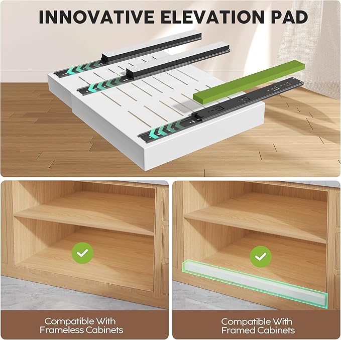 2 Pack Pull Out Cabinet Organizers 21"Deep with Raising Pad for Framed Cabinets,Expandable Slide Out Drawers Upgrade 3 Slide Rails,Roll Out Shelves Adhesive,Adjustable Width 12"-20.45" White