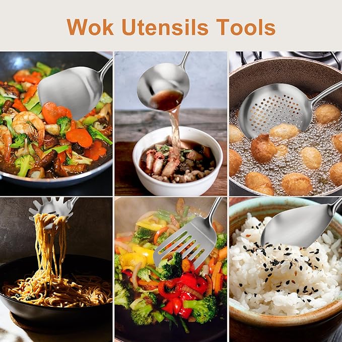 16.6 inch Stainless Steel Kitchen Utensils Set with Wood Handle, 6pcs Long Metal Cooking Utensils Set for Commercial Includes Wok Spatula, Ladle, Skimmer, Slotted Turner, Spoon(Large)