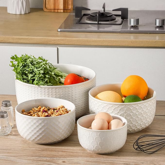 Familywood Ceramic Mixing Bowls, 27/53/84/162 oz, set of 4, Embossed large Mixing Bowl set, Serving bowls, Kitchen Dishware, Prep, Gift, Microwave and Dishwasher Safe, Modern Farmhouse Decor