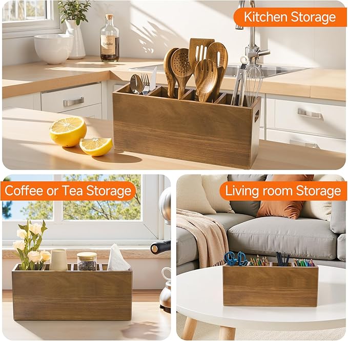 ONEARF Wooden Utensil Holder Counter, Kitchen Utensil Organizer Large 4 Compartment Cooking Utensils Holder, Acacia Rustic Wood Farmhouse Storage Container Crocks for Silverware and Cooker Set