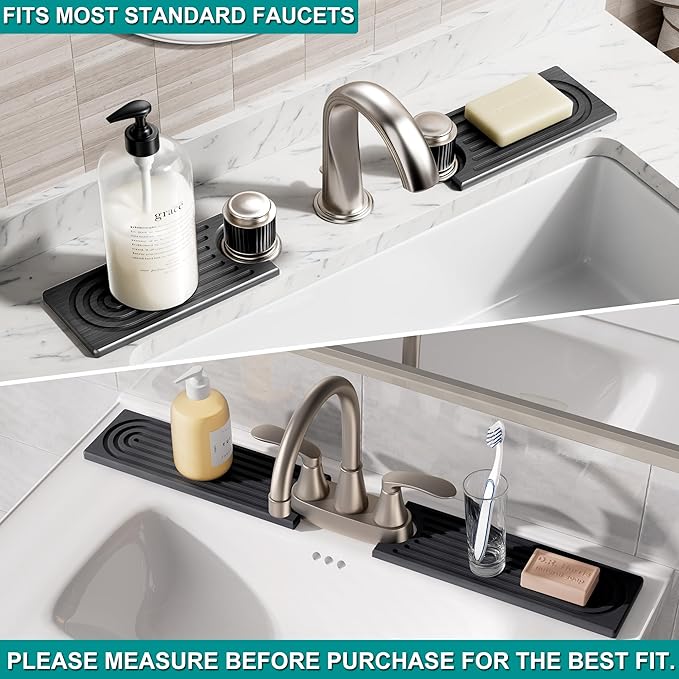 Stone Faucet Mat for Kitchen Sink - Quick Dry Diatomite Sink Splash Guard, Prevents Moisture Buildup & Water Stains, Water Absorbing Stone Tray for Bathroom Countertop (Dark Gray, 30" x 4")