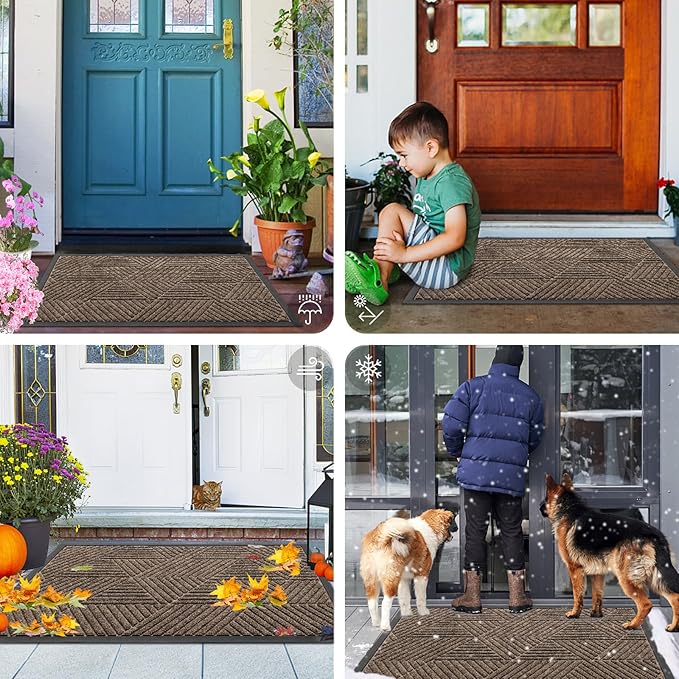 Smiry Front Door Mat Outside Entrance, Heavy Duty Sturdy Natural Rubber Doormat, Trap Dirt and Moisture, Easy Clean Low Profile Mats for Indoor Outdoor Entry, Irregular Triangle (47x30, Brown)