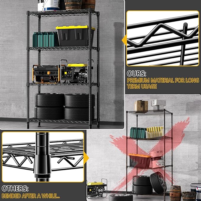 1000 lbs 4 Tier Shelf Metal Storage Shelves Shelving Wire Rack Heavy Duty Closet Organizers for Garage Kitchen Bathroom Laundry Black 13.8" D x 35.4" W x 59.5" H