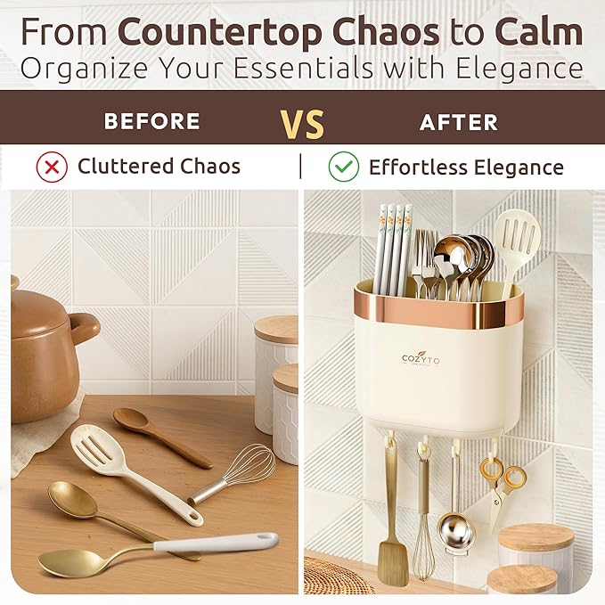 COZYTO LuxTray U1-Pro – Wall Mounted Kitchen Organizer with Hooks, Dividers & Drain Tray, No-Drill Adhesive, BPA-Free – Cream White with Rose Gold or Silver Accent (Cream White & Rose Gold)