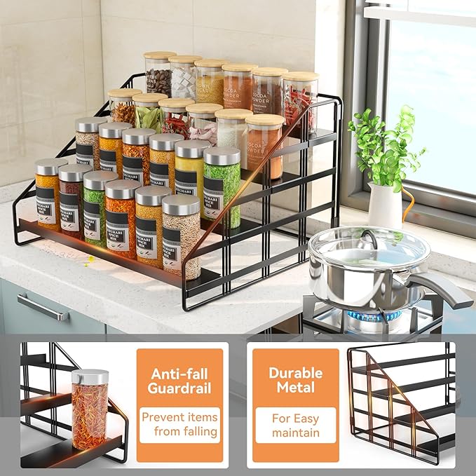 Bunoxea Spice Rack 4 Tier Kitchen Cabinet Organizer,Countertop Spice Rack,Tier Depth Adjustable Cabinet Shelf,Step Spice Organization Easy Visibility,Holds Seasoning and Condiments