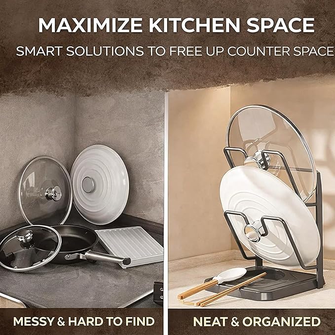 Kitchen Pot Lid Holder While Cooking, Multifunctional Kitchen Pot Lid Storage Rack with Tray, Carbon Steel Pot Lid Organizer Rack for Counter, Space-Saving, Prevent Messes, for Pans & Lids (StyleD)