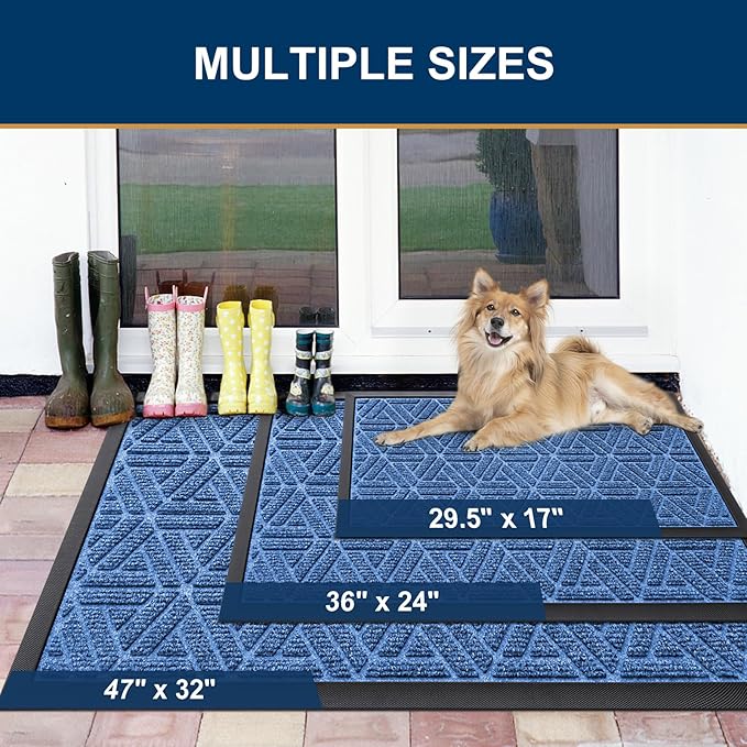 Smiry Front Door Mat Outside Entrance, Heavy Duty Sturdy Natural Rubber Doormat, Trap Dirt and Moisture, Easy Clean Low Profile Mats for Indoor Outdoor Entry, Grid Geometric (29.5x17, Blue)