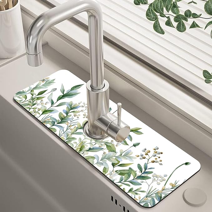 Watercolor Green Branch Leaves Dish Drying Mat for Kitchen Sink Splash Guard Behind Faucet Sink Mat Absorbent Fast Drying Faucet Draining Mat for Bathroom Kitchen 5.5"×15"