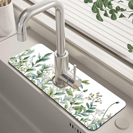 Watercolor Green Branch Leaves Dish Drying Mat for Kitchen Sink Splash Guard Behind Faucet Sink Mat Absorbent Fast Drying Faucet Draining Mat for Bathroom Kitchen 5.5"×15"