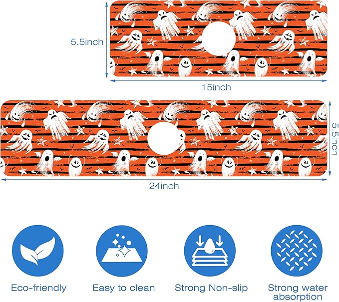 Halloween Ghost Bat Dish Drying Mat for Kitchen Sink Splash Guard Behind Faucet Sink Mat Absorbent Fast Drying Faucet Draining Mat for Bathroom Kitchen 5.5"×15"
