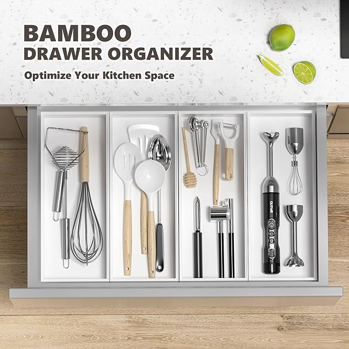 Greatseas Kitchen Drawer Organizer Bins, Stackable Deep Bamboo Drawer Organizer for Silverware, Utensils, Cutlery, Flatware, Junk, Dresser, Bathroom, 15" x 6" x 2.5" (Set of 2)
