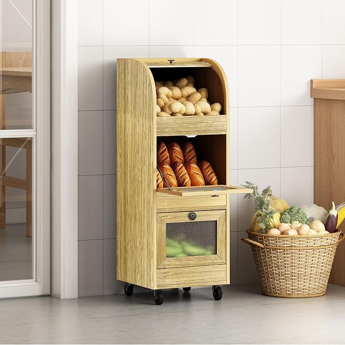 Potato and Onion Storage Bin,Potato Storage Bin Movable Bread Box with Wheels,Root Fruit and Vegetable Storage,Farmhouse Bread Storage Container,Kitchen Pantry Cabinet (Natural)