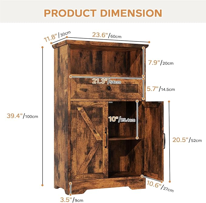 Viroformo Floor Cabinet, Farmhouse Storage Cabinet with Barn Doors and Drawer, 11.81" D x 23.62" W x 39.37" H Rustic Brown Freestanding Adjustable Shelf Organizer for Bathroom, Kitchen, Living Room