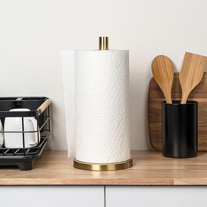 happimess PRH2000G Avery Modern Classic Metal with Non Slip Weighted Base Paper Towel Holder, for Bathroom Kitchen Countertop, Standard or Jumbo-Sized Roll Paper, Gold