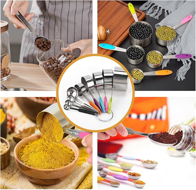 9-Piece Measuring Set, Stainless Steel Cups and Spoons with Handles,Large and small combinations with multiple sizes