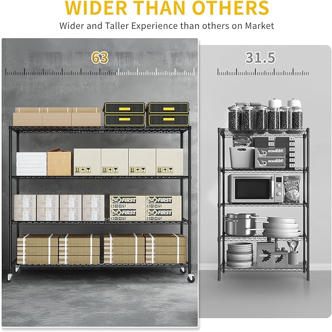 Karl home 4-Tier Metal Storage Shelves, Adjustable Wire Shelving Unit with Wheels & Leveling Feet, Heavy Duty Garage Shelving, Pantry & Kitchen Display Shelf Organizer, Home Storage Rack