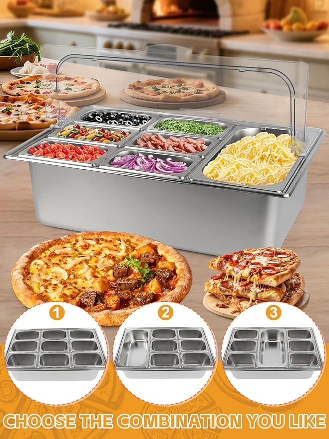 Lanstics 2PCS Pizza Topping Station 10 Pans Stainless Steel Spice Organizer Salad Bar Buffet Station with Spoons Ice Boxes Buffet Containers Set for Sauce Jam Ingredient Kitchen Restaurant Pantry