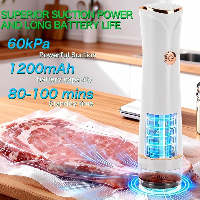 3-IN-1 Compact Vacuum Sealer for Food with Reusable Bags & Mason Jar Kit, Ultra-long 100-minutes Vacuuming Time, 6X Freshness Keep for Home Kitchen RV Travel Seal Meal