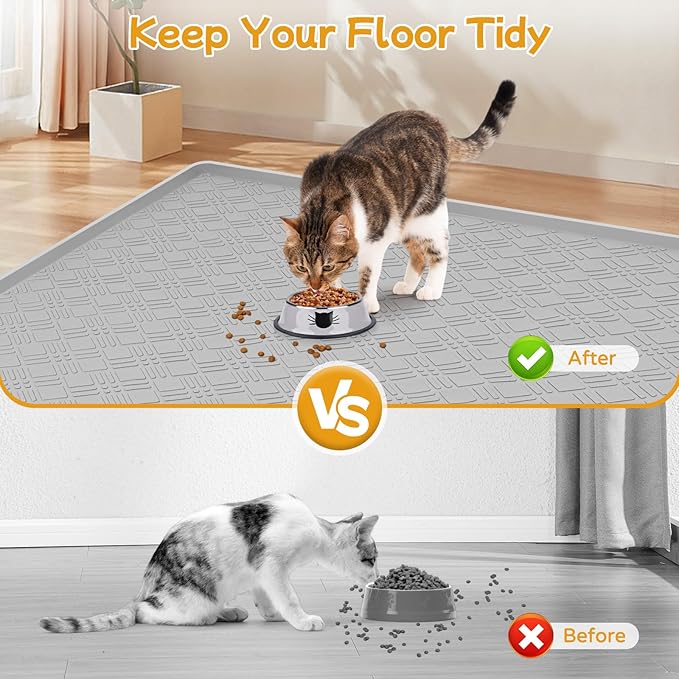 Lanstics Cat Food Mat, 42" x 29" Large Silicone Mat Cat Feeding Mat with Raised Edge Non-Slip Pet Feeding Mat for Food and Water Bowl, Easy to Clean, Floor Protection (Light Gray)