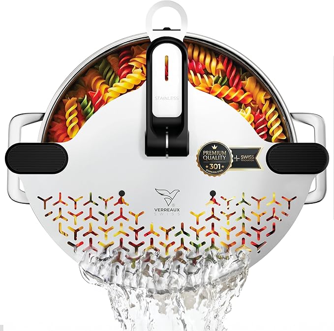 Kitchen Strainer & Pot Drainer Clip-On Stainless Steel Colander for Pots & Pans (6.3-9.8 in / 16-24 cm) | Universal Fit Pasta & Noodle Strainer | Hands-Free Swiss Design, Dishwasher-Safe