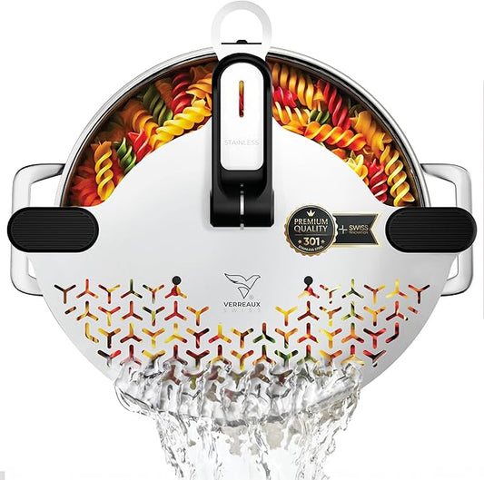 Kitchen Strainer & Pot Drainer Clip-On Stainless Steel Colander for Pots & Pans (6.3-9.8 in / 16-24 cm) | Universal Fit Pasta & Noodle Strainer | Hands-Free Swiss Design, Dishwasher-Safe