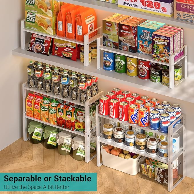Astrorhine 2 Pack Expandable Cabinet Organizer Shelves, 88lbs High Weight Capacity, Stackable Heavy-Duty Metal Storage Rack, Adjustable Cabinet Shelf for Kitchen, Pantry, Cupboard, Under Sink, White