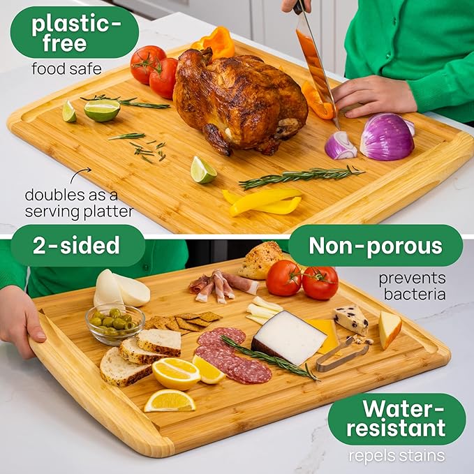 GREENER CHEF 24 Inch Bamboo Cutting Board with Lifetime Replacement - 2XL Extra Large Wooden Butcher Block for Kitchen, Stove Top, Meat, Vegetables, and Charcuterie with Deep Juice Grooves