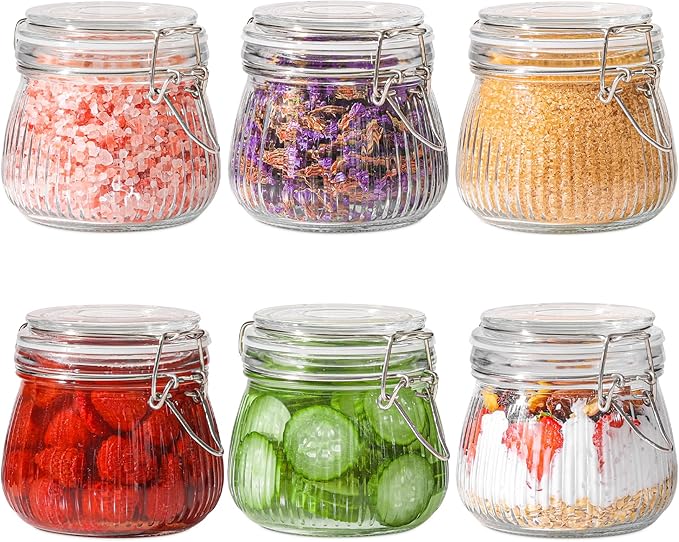 ComSaf Airtight Glass jar with lid 17oz, Glass Storage Containers with Lids, Small Canister, Mason Jars, Minimalist Jar for Kitchen Canning, Overnight Oats, Pickle, Spice, Set of 6