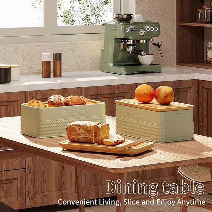 Bread Box for Kitchen Countertop,Metal Bread Storage Bin with Bamboo Cutting Board Lid, Includes Bread Knife, Fits Sourdough & Buns, Stylish Organize (Green)