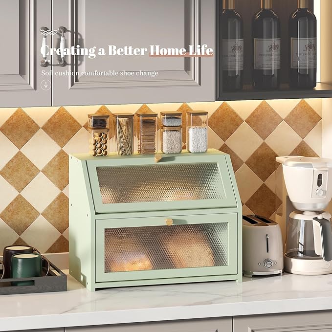STDDRE Bread Box for Kitchen Countertop Bin Double Layer Bread Box Storage Container Extra Large Capacity Farmhouse with Diamond Pattern Windows (Green, Large)