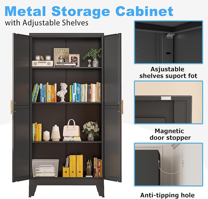Metal Pantry Storage Cabinet, Kitchen Storage Cabinets with Adjustable Feet and Shelves, Pantry Cabinet for Kitchen, Living Room, Laundry Room and Dinning Room