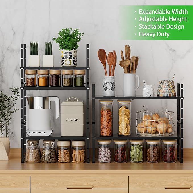 SOFRON Expandable Cabinet Storage Shelf Stackable Organizer Rack for Kitchen Bathroom Pantry Spice Cupboard Countertop Home Office Desk Heavy Duty Nonslip Black Large 2 PACK