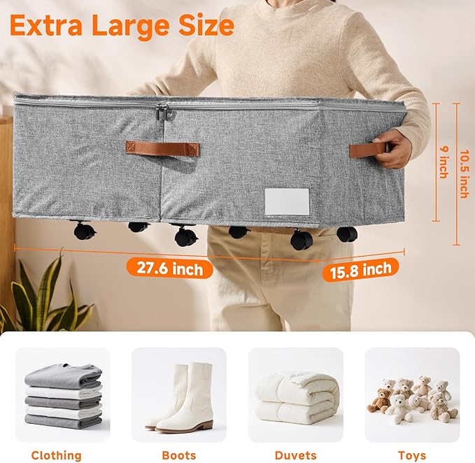 60L Large Under Bed Storage with Wheels Pack of 2, Underbed Shoe Container Bin with Clear Lid Cover, 10.5 Inches Rolling Under Bed Drawer Storage Bag Basket for Boots Quilt Sweater - Grey