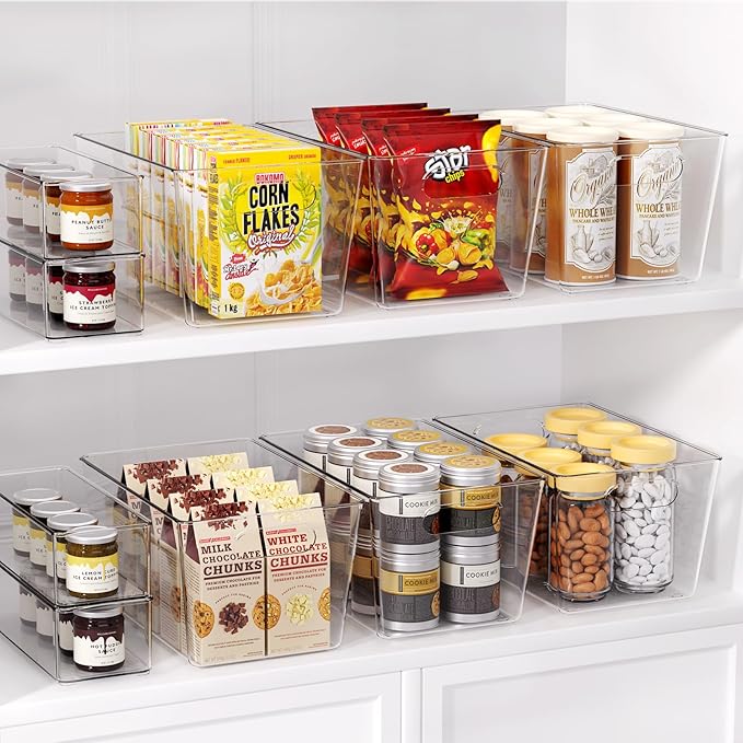 Joymeezo 8 Pack Large Clear Plastic Storage Bins, Refrigerator Cabinet Organizers with Handles for Pantry Organization and storage, Perfect for Home Organization, Kitchen, Laundry, Office& Garage