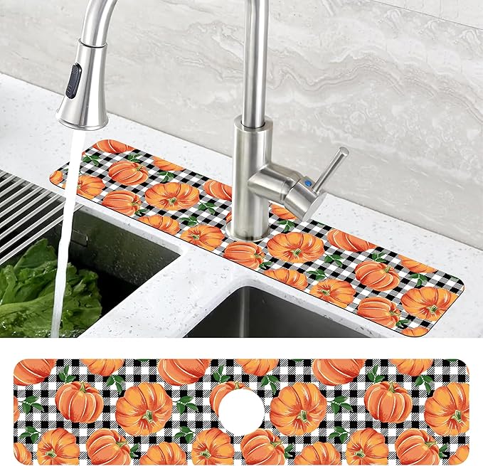 Thanksgiving Pumpkin Kitchen Sink Splash Guard Mat Buffalo Plaid Absorbent Fast Drying Mat Faucet Draining Mat Sink Splash Guard Behind Faucet Drip Catcher for Kitchen Bathroom 5.5"×24"