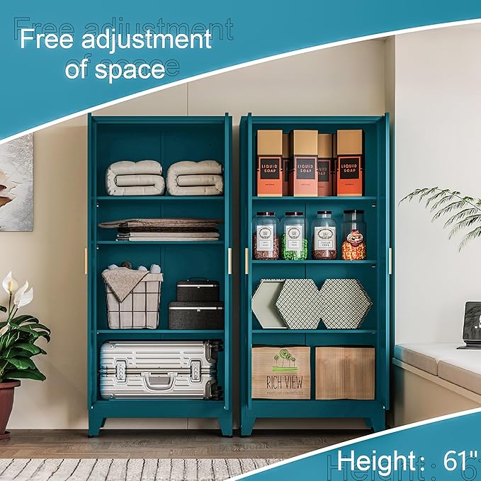 Washsemba 61" Tall Farmhouse Metal Pantry Cabinet, Kitchen Pantry Storage Cabinets with 2 Barn Door and Adjustable Shelves,for Kitchen,Laundry Room,Home Office,Kids Room （Peacock Blue