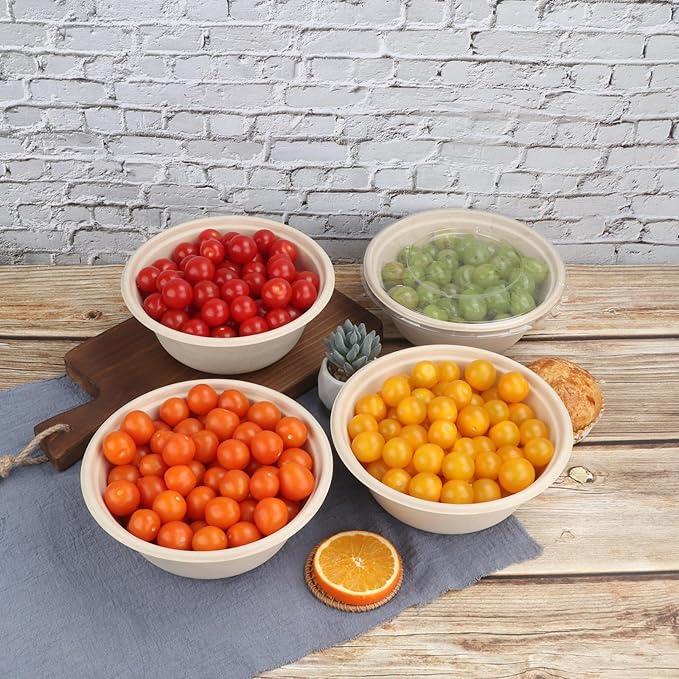 JAYEEY 40 oz Disposable salad bowls with lids,Sugarcane Paper Bowls take away food containers Plant Fibers Freezer Safe 25 Pack