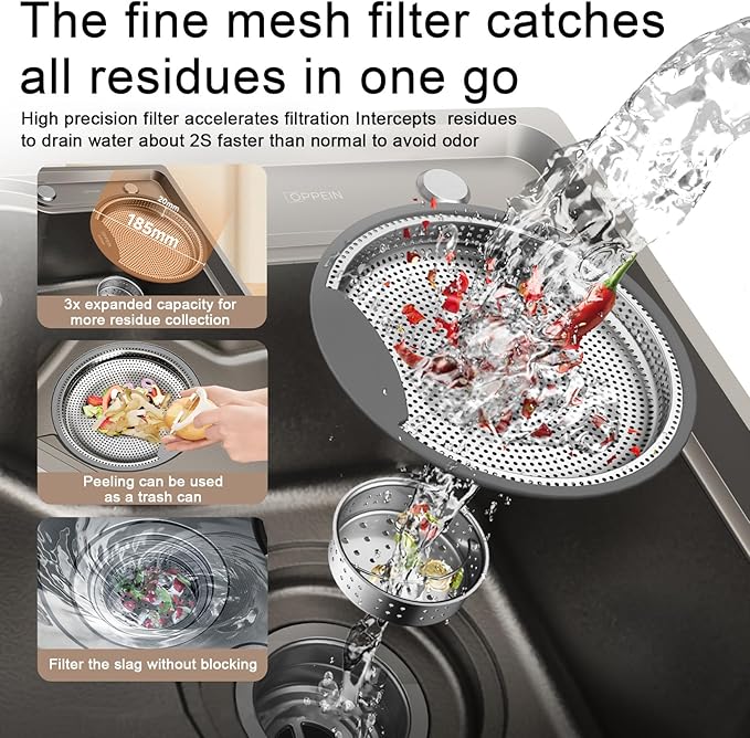 Kitchen Sink Strainer Stainless Steel, Sink Drain Strainer Basket with Handle Suitable for Kitchen Filter Basket Replacement 7.3" Diameter,1.2" Deep（Round）