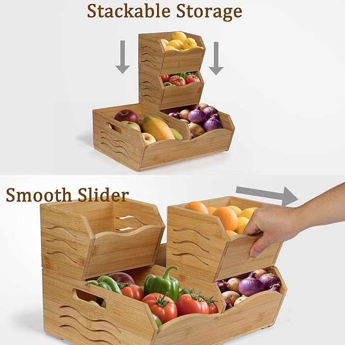 3 Pieces Bamboo Pantry Storage Bins, Stackable Pantry Baskets with Handle, Kitchen Potato and Onion Storage Bin, 2 Tiers Pantry Organizer for Produce, Fruits, Vegetable