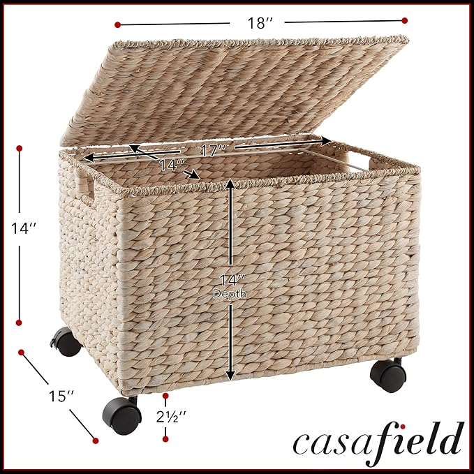 Casafield Rolling Filing Cabinet, Whitewash - Water Hyacinth File Organizer with Lid and Locking Wheels, Home Office Storage for Hanging Folders