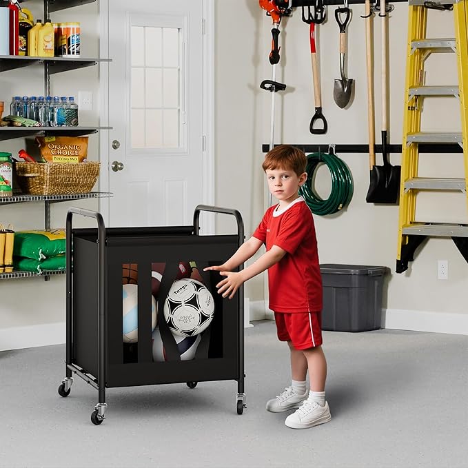 StorageWorks Ball Storage with Wheels, Ball Cart for Garage, Garage Sports Equipment Organizer, Balls Organizer for Basketball, Football, Volleyball
