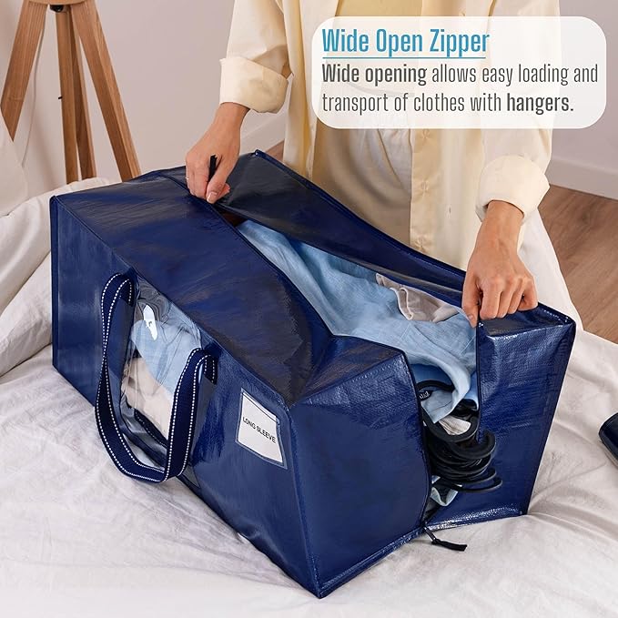 VENO 8 Pack Heavy Duty Moving Bags, Christmas Storage Bins with Lids, Transparent Window Design, Alternative to Moving Boxes, Storage Bags for Clothes, Blankets, Comforters, Pillows (Blue, 8 Pack)