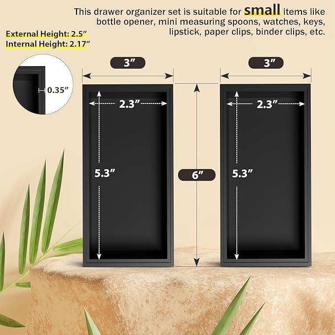Greatseas Kitchen Drawer Organizer Bins, Black Bamboo Drawer Organizer Stackable for Silverware, Utensils, Cutlery, Flatware, for Junk Drawer, Dresser, Bathroom, 6" x 3" x 2.5" (Set of 2)