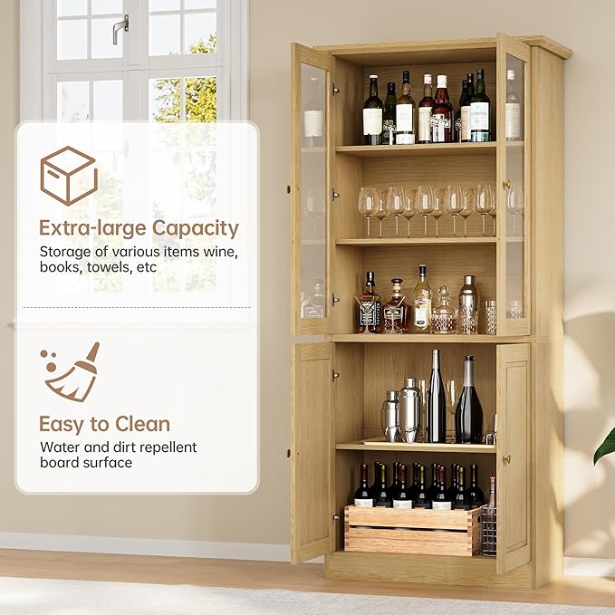 71" Kitchen Pantry Cabinet with Glass Doors, Modern Coffee Bar Storage Cabinet with Adjustable Shelves & Wooden Doors, Freestanding Cupboard for Dining Room or Living Room, Natural Wood