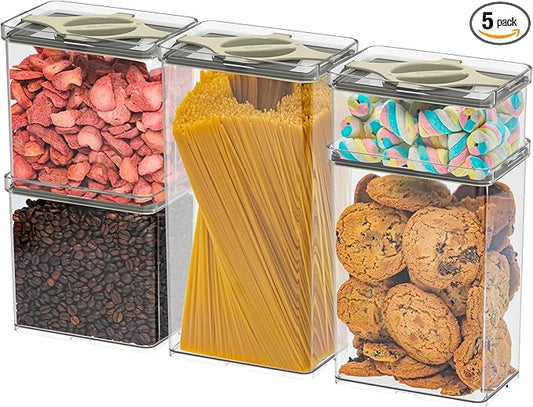 5-Pack SAN Pantry Storage Container Set, Leakproof Twist-Lock Lids, BPA-Free Stackable Canisters for Sugar, Flour, Pasta, Cereal & Snacks (0.8qt, 1.9qt ×2, 3qt, 4qt)